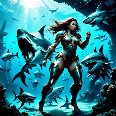An image set in the depths of a future high-tech Atlantis, featuring a beautiful female warrior riding a full-body, semi-mechanical Megalodon shark from head to tail. The Megalodon is a blend of ancient grandeur and futuristic technology, with parts of its body showing mechanical enhancements. These mechanical parts integrate seamlessly with its natural, massive form, highlighting features like its formidable teeth and powerful build. The female warrior is depicted as strong and graceful, in advanced armor that combines traditional and futuristic styles. The background showcases the advanced underwater city of Atlantis, teeming with technological wonders, enhancing the overall theme of a harmonious blend of nature and technology, (best quality, masterpiece, Representative work, official art, Professional, 8k:1.3)
