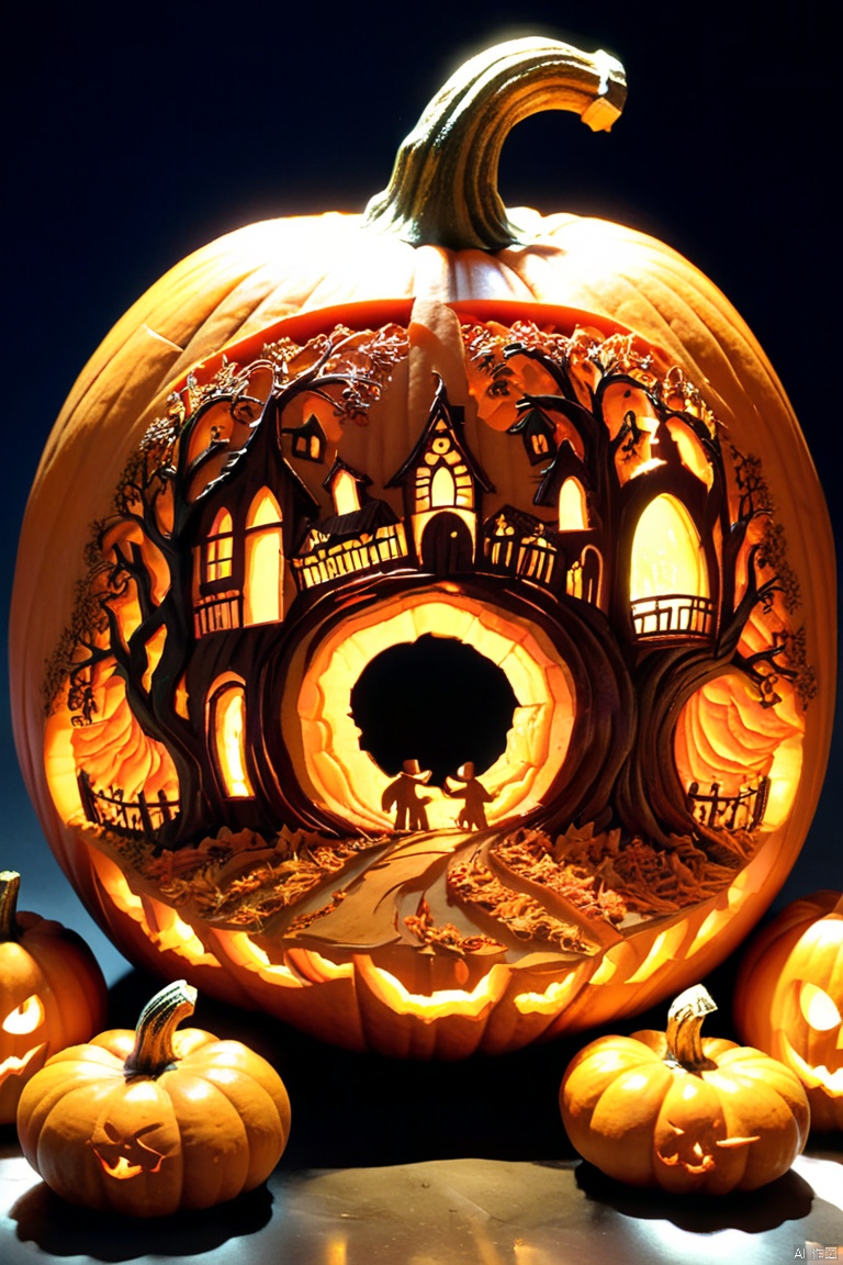 The pumpkin carving scene unfolds, depicting ordinary pumpkins cleverly transforming into extraordinary works of art Imagine a group of people sitting around a table, each using specialized tools and tools, ready to turn their creative vision into reality Pumpkins come in various sizes and shapes, serving as intricate blank canvases for artists Imagine the meticulous and precise etching and cutting of the pumpkin surface, as the artists skill fully craft elaborate patterns and motifs Some are carved with imaginative faces, injecting playful expressions and personality into pumpkins, while others are inspired by folk legends to create complex scenes, nature, or popular culture Imagine the flickering candlelight casting a warm glow through carefully carved patterns, making pumpkins come to life through mesmerizing dance of light and shadow When an artist works, imagine the earthy aroma of pumpkin meat and the gentle scraping and carving sounds permeating the air, creating a soothing and meditative atmosphere Each finished pumpkin becomes a unique masterpiece, showcasing the individual artist's creativity, skills, and imagination From traditional pumpkin lantern design to exquisite sculptures, pumpkins exude a charming and surprising feeling, arousing admiration and awe from onlookers The pumpkin carving scene represents the celebration of autumn, creativity, and the art of turning inconspicuous gourds into charming seasonal artworks, octane render, enhance, intricate, HDR, UHD, (best quality, masterpiece, Representative work, official art, Professional, 8k wallpaper:1.3)