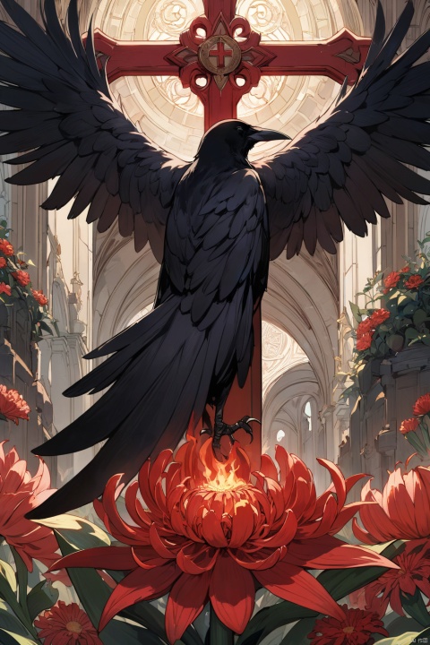 close up of crow, convent, Giant cross, red lily, red chrysanthemum, flame, Light, (masterpiece, best quality, perfect composition, very aesthetic, absurdres, ultra-detailed, intricate details, Professional, official art, Representative work:1.3)