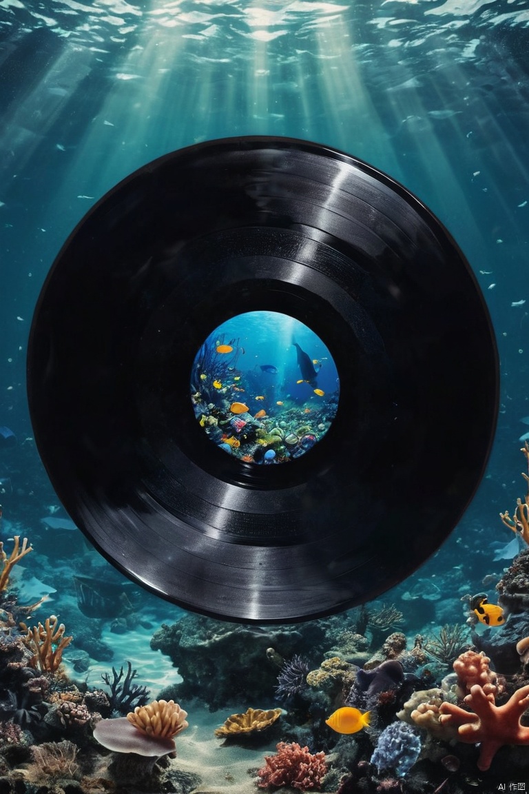  a Black vinyl record under sea ground, (masterpiece, best quality, perfect composition, very aesthetic, absurdres, ultra-detailed, intricate details, Professional, official art, Representative work:1.3)