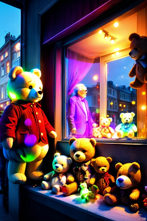 Interesting window display, Creative window display, Display of exquisite teddy bear dolls, global illumination, particle tracking, neon light, a old man looks into the window, HDR, UHD, (best quality, masterpiece, Representative work, official art, Professional, 8k wallpaper:1.3)