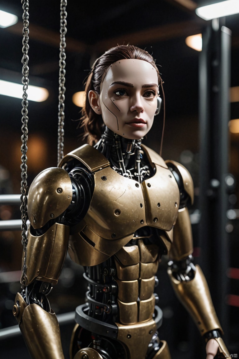 cinematic photo, focused Mechanical Puppet, dark gym backdrop, close-up, ambient gym lighting, shallow depth of field, Nikon D850, 1/160s, f/2.8, ISO 640, capturing emotion, athletic form, cinematic photorealistic, uhd, natural lighting, raw, rich, key visual, atmospheric lighting, (best quality, masterpiece, Representative work, official art, Professional, Ultra intricate detailed, 8k:1.3)