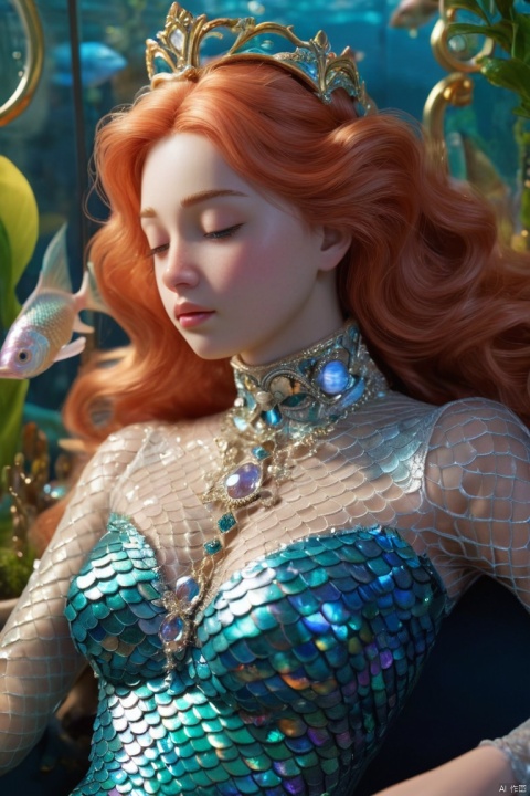 A mesmerizing photorealistic close-up, waist up illustration of a legendary mermaid princess asleep in her fish tank. She wears a turtleneck royal attire, adorned with iridescent scales and shimmering jewelry. Her small coronet rests on her head, and she is surrounded by intricate ornaments. In the background, a handsome prince sits by the fish tank, captivated by the graceful mermaid. The scene takes place in a royal bedroom during the late evening, with a soft, serene atmosphere. The 3D render showcases the artist's incredible attention to detail and brings this enchanting scene to life, illustration, 3d render, anime, (masterpiece, best quality, perfect composition, very aesthetic, absurdres, ultra-detailed, intricate details, Professional, official art, Representative work:1.3)