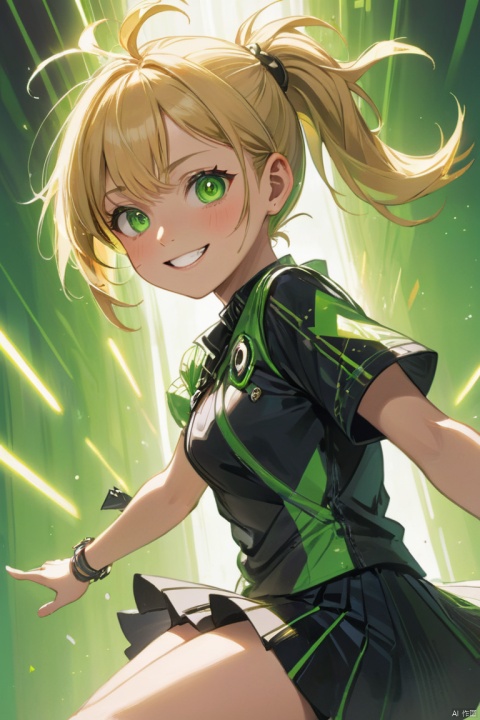 beautiful idol girl, smiling face, blonde short ponytail, green eyes, punk fashion, background fantastic and mysterious, fantasy world images, motion-blur, action-lines, speed-lines, spotlighting like sunshine (masterpiece, best quality, perfect composition, very aesthetic, absurdres, ultra-detailed, intricate details, Professional, official art, Representative work:1.3), Dream Homes