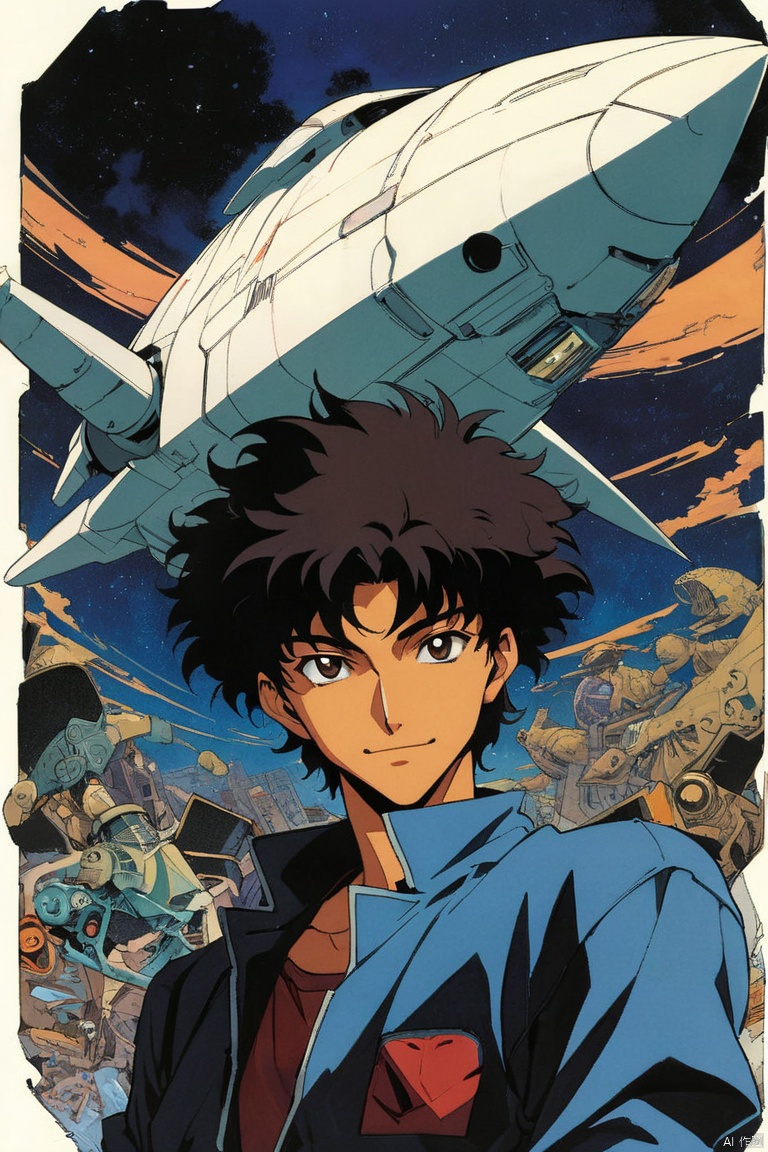  boy, Spike Spiegel, Cowboy Bebop, brown eyes, smile, black hair, cbbebop, cbbebop spaceship, retro artstyle, 1990s style, oldest, disheveled hair, (masterpiece, best quality, perfect composition, very aesthetic, absurdres, ultra-detailed, intricate details, Professional, official art, Representative work:1.3)