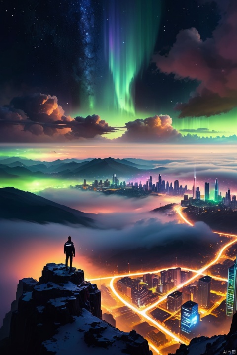 an extremely high-quality overview photo of a huge city landscape, (dark night:1.1), aurora borealis, milky way stars across the sky above the clouds, meteor rain, mysterious night, big dark moon at the horizon, clouds, foggy valleys, a cyberpunk sci-fi city with neon lights below the valley lighting up the fog, lots of (tall skyscrapers:1.2) with neon signs sticking out of the fog, roads, stars above clouds, (best quality, masterpiece, Representative work, official art, Professional, unity 8k wallpaper:1.3)