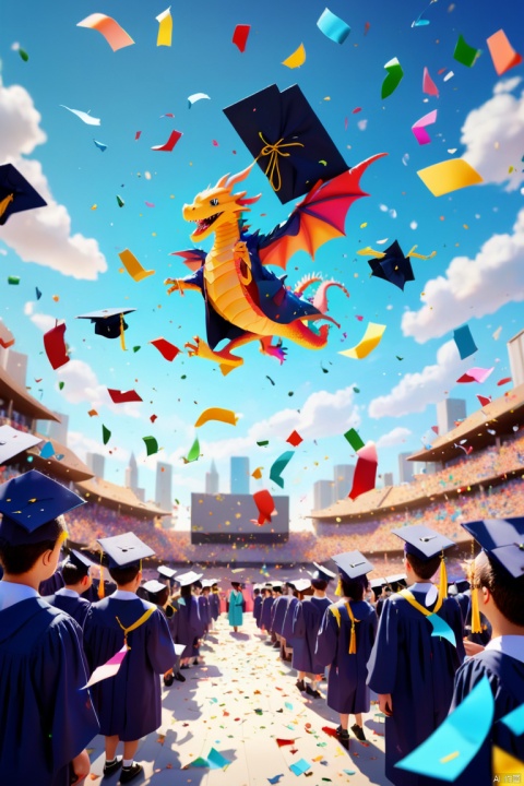 a Cute dragon in neat graduation attire, at graduation ceremony, colorful paper scraps falling from the sky, panoramic view, Ultra high saturation, (best quality, masterpiece, Representative work, official art, Professional, 8k)