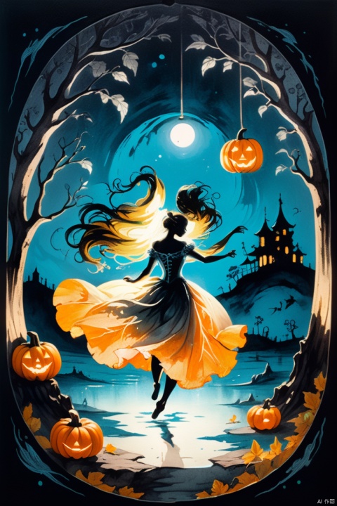 moonlight, (fantastic etching:1.2), (engraving reality-pumpkin:1.3), (aquatint:1.3), ornament and dim black color back-glow, oppressive romantic representation, beyond the captive girl, early wind gently wrap around, fantastic atmosphere wrapped mysterious world, dark fantasy carousel, dim glow particle of around dance, beautiful flowing scenery, true paradise vision, petals flying around in a chaotic dance, with soft brushstrokes and dreamy colors. on the azure glass canvas, octane render, enhance, intricate, HDR, UHD, (best quality, masterpiece, Representative work, official art, Professional, 8k wallpaper:1.3)