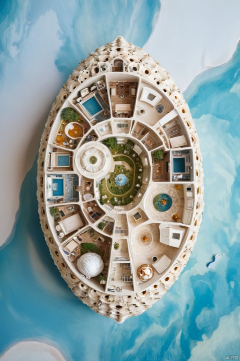 bird eye view, shell shaped, Science fiction architecture complex, Made from shell, Overlooking, sea, (masterpiece, best quality, perfect composition, very aesthetic, absurdres, ultra-detailed, intricate details, Professional, official art, Representative work:1.3), Dream Homes