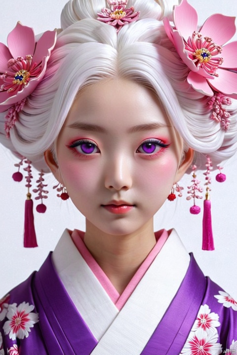 girl, fractal art, flour art style, pink kimono, purple eyes, white hair, kanzashi, (best quality, perfect masterpiece, byyue, Representative work, official art, Professional, high details, Ultra intricate detailed:1.3)