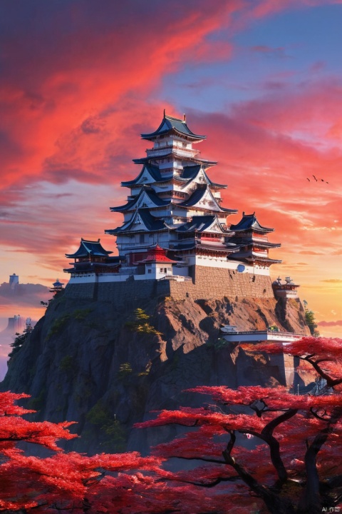 A dream castle, a mythical Japanese-style castle in a sci-fi world, (white, red, blue, black) wallls and roofs, an alien planet, a beautiful and breathtaking view, a beautifully situated castle on the edge of a hill, the colorful sky of an alien planet, strange but beautiful sunset, modern technology installed around the castle, flying machines in sky, (masterpiece, best quality, perfect composition, very aesthetic, absurdres, ultra-detailed, intricate details, Professional, official art, Representative work:1.3)