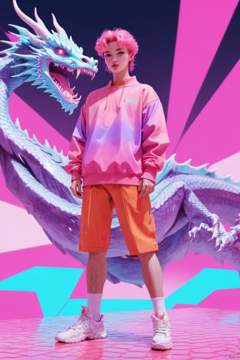 a dragon Model,(Vaporwave aesthetic clothes), stage,Model_steps, (best quality, masterpiece, Representative work, official art, Professional, 8k)