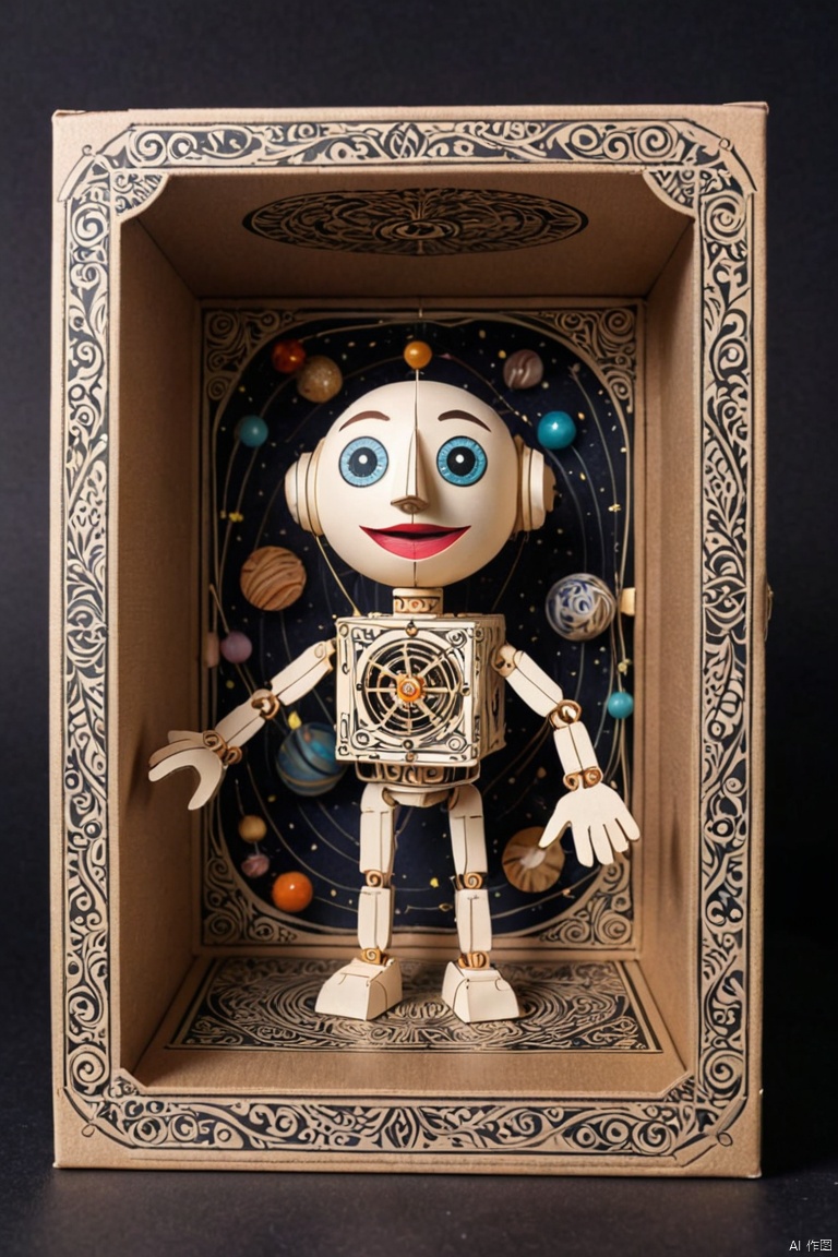 magical Mechanical puppet in The Box Toy Surprise Boxes with Spring , about the curvature of space time, jumping from the box, art deco, zentangle, full colored,3d crunch, cinematic, (best quality, masterpiece, Representative work, official art, Professional, Ultra intricate detailed, 8k:1.3)