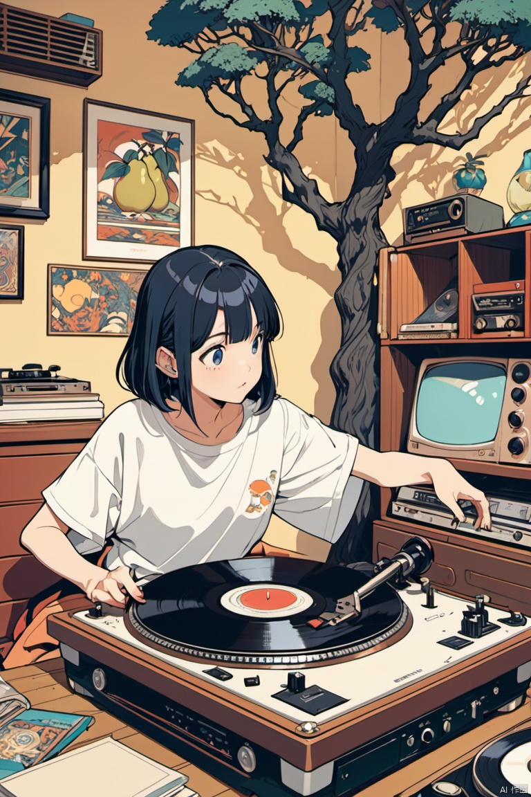 90s anime style, A girl is playing vinyl records on the turntable in her room. She has black hair and bangs that cover one eye, wearing an oversized T-shirt with short sleeves. The table where she plays the record lies at its edge, with the needle of the player resting between two records. On top there's an old music box shaped like a pear tree, in the style of Hayao Miyazaki, retro colors, (masterpiece, best quality, perfect composition, very aesthetic, absurdres, ultra-detailed, intricate details, Professional, official art, Representative work:1.3)
