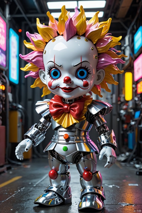 (three-dimensional,Mechanical feel,cute,small clown doll,Mechanical doll), Colorful neon lights, High-tech mechanical parts, Metal body, Detailed vibranium flower design, bright colors, Dynamic glowing flowers, Reflective metal surface, bright environment, dynamic poses, Exquisite presence, skill improved, interlocking mechanical gears, Stylish design, motion blur effect, Detailed metal processing, Sci-fi atmosphere, Streamlined aerodynamic shape, Laser scanning pattern, Holographic projection, LED light track, beautiful and unforgettable, Advanced sensors, complex algorithm, Ominous and mysterious atmosphere, electric spark, Shiny chrome plating, Propulsion systems of the future. (Ray tracing, Well-designed, high detail, ultra high definition), (best quality, masterpiece, Representative work, official art, Professional, Ultra intricate detailed, 8k:1.3)