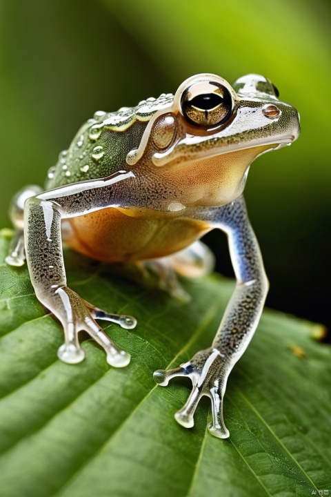 macro photography, animal channel tv series photography of transparent frog, which the organ visible, shot from behind, on leaf tree, high-resolution,ultra-detailed, close-up, smooth skin textures, silent forest, (masterpiece, best quality, perfect composition, very aesthetic, absurdres, ultra-detailed, intricate details, Professional, official art, Representative work:1.3)