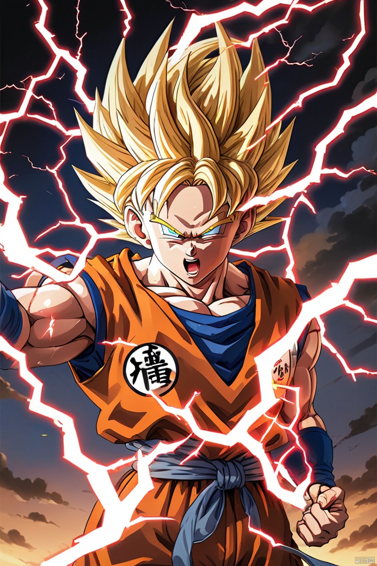 anime style, anime realism, dragon ball, Lightning bolts, expressive eyes, (best quality, perfect masterpiece, Representative work, official art, Professional, high details, Ultra intricate detailed:1.3)