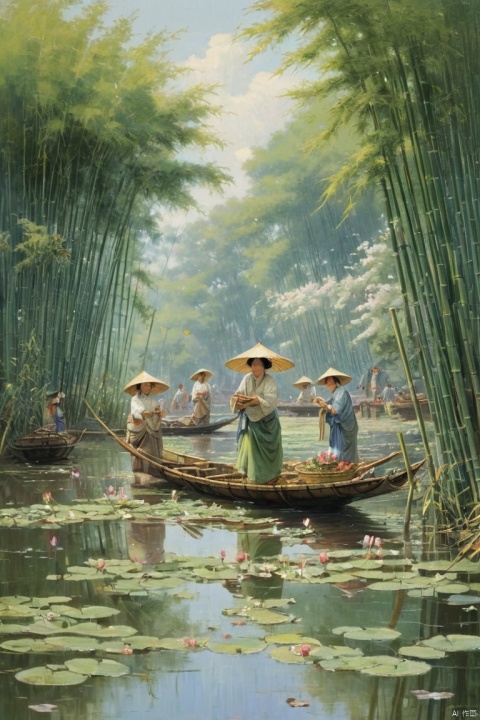 Bamboo rustles as the returning washerwomen laugh, and lotus flowers move as the fishing boats go down, (masterpiece, best quality, perfect composition, very aesthetic, absurdres, ultra-detailed, intricate details, Professional, official art, Representative work:1.3)