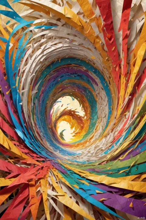 Colorful shredded paper resembles a dragon spinning wildly in a vortex, sucked into a huge golden hole, fantasy art, keith mallett style, beautiful details, panoramic view, Ultra high saturation, (best quality, masterpiece, Representative work, official art, Professional, 8k)