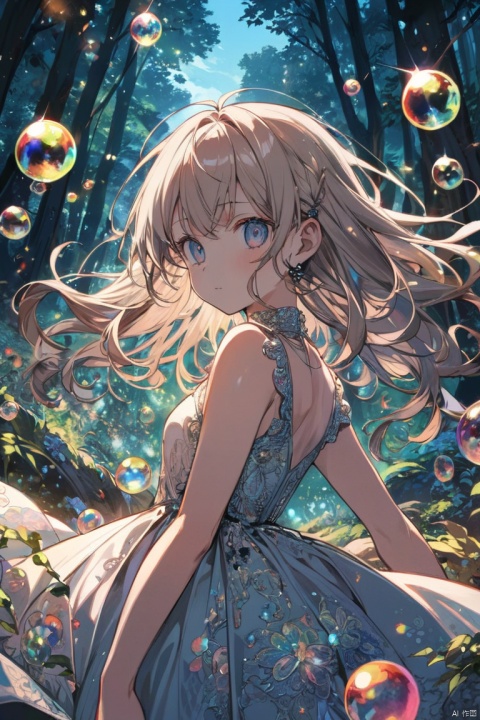 Anya, spyxfamily, anime, sparkles, glitters, bubbles, dress, forest, (masterpiece, best quality, perfect composition, very aesthetic, absurdres, ultra-detailed, intricate details, Professional, official art, Representative work:1.3)