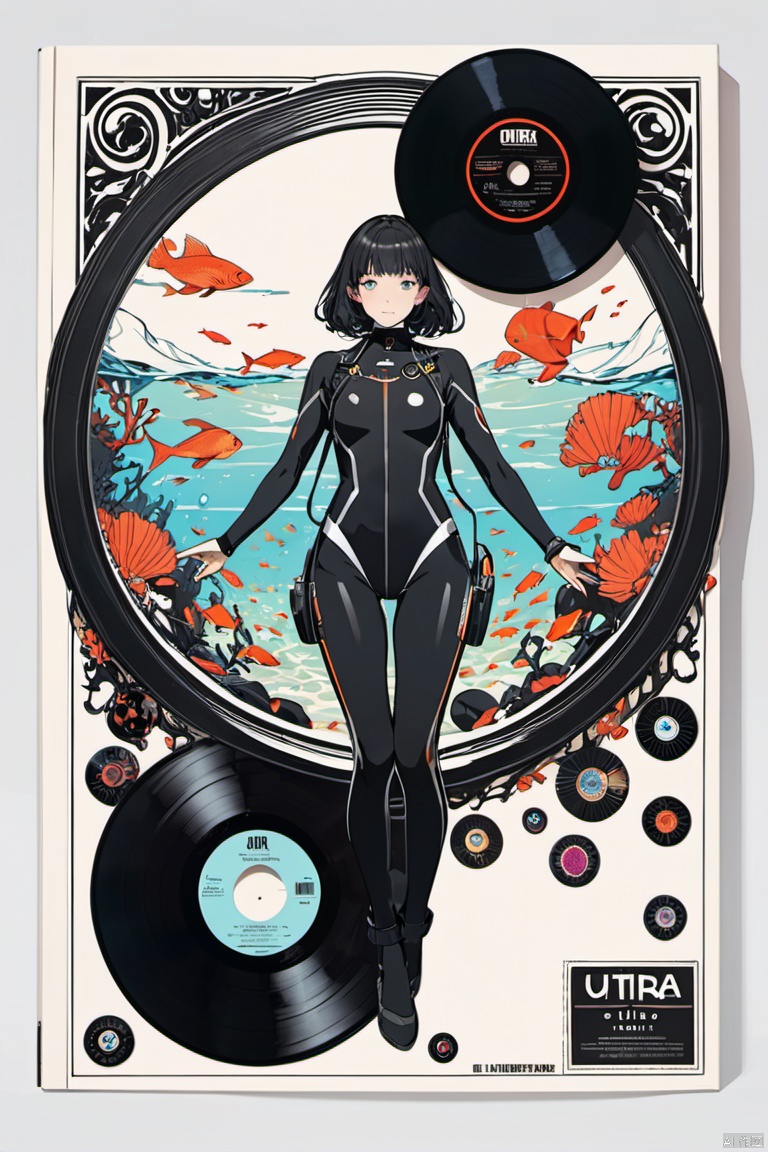  image of underwater girl with Diving suit on center of Black vinyl record, cover design, package design, minimalism art, (masterpiece, best quality, perfect composition, very aesthetic, absurdres, ultra-detailed, intricate details, Professional, official art, Representative work:1.3)