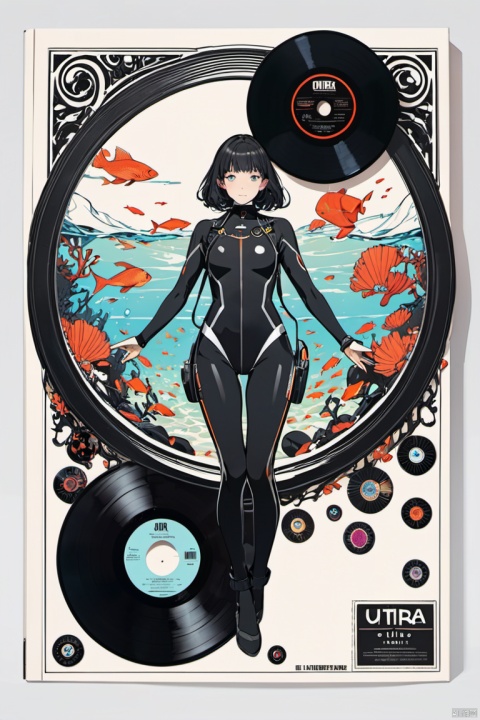 image of underwater girl with Diving suit on center of Black vinyl record, cover design, package design, minimalism art, (masterpiece, best quality, perfect composition, very aesthetic, absurdres, ultra-detailed, intricate details, Professional, official art, Representative work:1.3)
