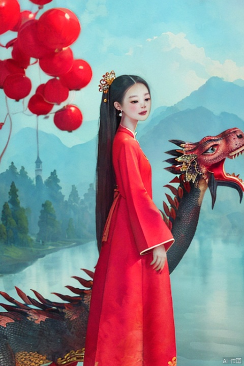 a chinese girl with a Eastern dragon, red clothes, jewelry, earrings, hair ornament, wide sleeves, panoramic view, Ultra high saturation, (best quality, masterpiece, Representative work, official art, Professional, 8k:1.3), CGArt Illustrator