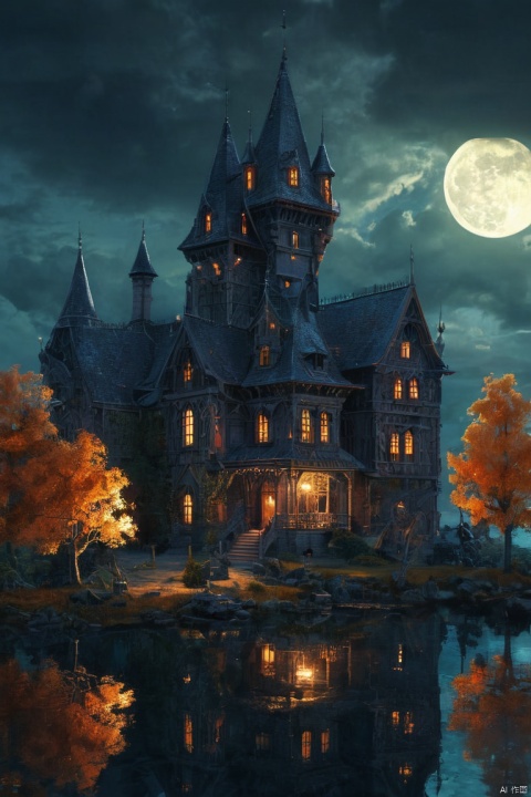 dream castle,beautiful witch,illustration,enchanted atmosphere,gloomy sky,mysterious shadows,crystal clear lake,vibrant colors,magic spells,ancient books,glowing moonlight,haunting beauty,detailed architecture,gothic elements,twisted trees
, (masterpiece, best quality, perfect composition, very aesthetic, absurdres, ultra-detailed, intricate details, Professional, official art, Representative work:1.3)