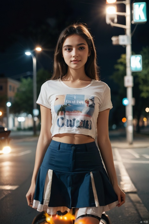 35mm photo of female college student at crossroads, by Leah Kuvkhinov, summer night, happy, fashionable clothing, short skirts, youth, beauty, (High detail, photograph, realistic), (best quality, masterpiece, Representative work, official art, Professional, 8k:1.3)