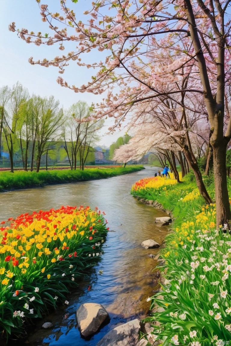 The beautiful scenery of spring by the riverbank, with a hundred flowers blooming, fully showcases the vitality of spring. The warm spring breeze quietly awakens the earth, and flowers bloom together, weaving a brilliant and colorful picture of spring. The whole world is immersed in a vibrant and colorful spring atmosphere