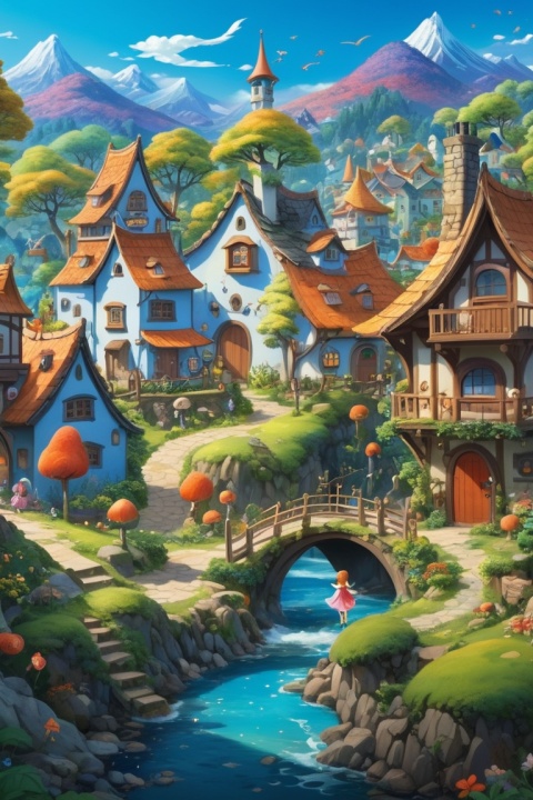 (dynamic illustration of Fairy Tale Village:1.2), (Chiho Aoshima), Fairy Tale theme, enhance, intricate, (best quality, masterpiece, Representative work, official art, Professional, unity 8k wallpaper:1.3)