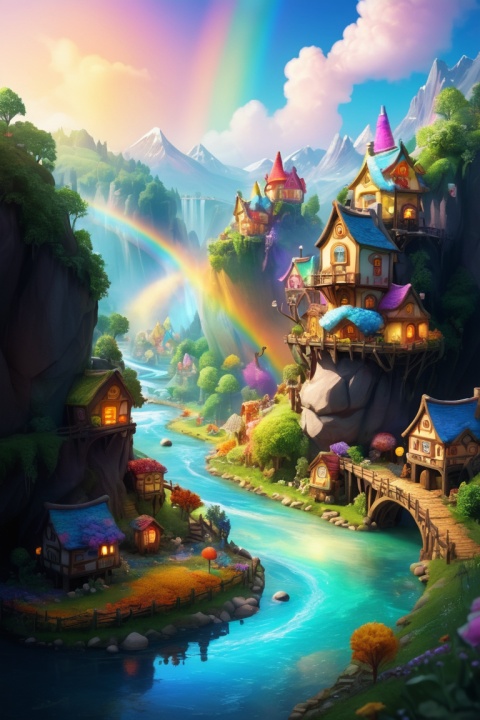 (Fairy Tale Town:1.2), long river made of Rainbow Sugar and Honey, Colorful River, Fairy Village, intricate, (best quality, masterpiece, Representative work, official art, Professional, unity 8k wallpaper:1.3)