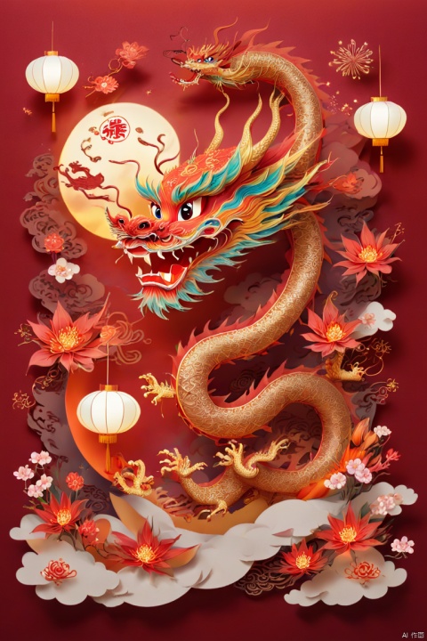 sandbox, movie angle, adorable child waving a Chinese dragon shaped lantern, Chinese New Year, positive, red background, cloud, flowers, fireworks, firecracker, lantern, paper art, geometry, chiaroscuro, chinese fantasy, panoramic view, Ultra high saturation, (best quality, masterpiece, Representative work, official art, Professional, 8k), papercut, kbxll, yanzhi