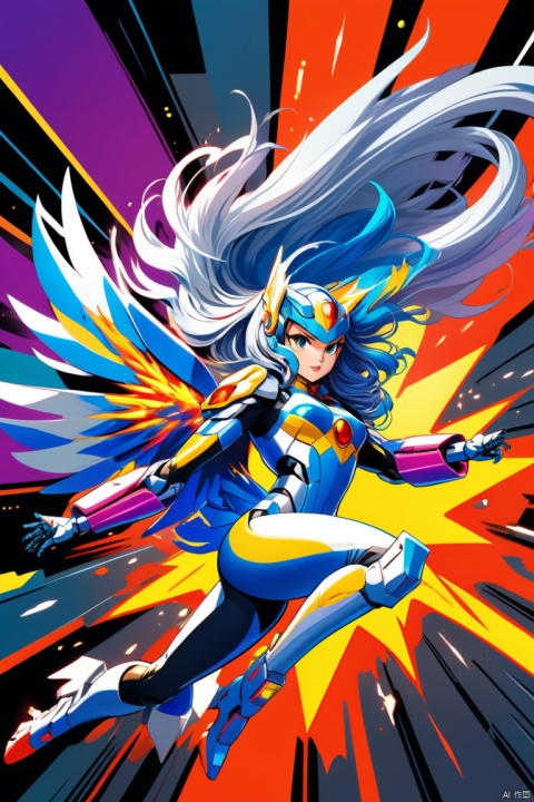 Pop art, mecha girl in full flight, body stretched out, with comic book style explosions and vibrant colors, set against a contrasting background, the whole scene looking like a page from a comic book, silver long hair, mechanical wings, (best quality, masterpiece, Representative work, official art, Professional, 8k)