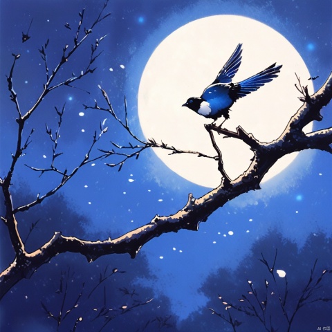 明亮的月光洒满夜空,银辉下,一只鹊鸟从树枝上惊起,或许是因为月光太过明亮,打扰了它的栖息,别致的树枝在月光映衬下更显孤寂之美。微凉的夜风轻拂而过,在这宁静的半夜时分,偶尔能听到远处一两声蝉的鸣叫,清脆而悠长,给夜晚添了几分生动与情趣