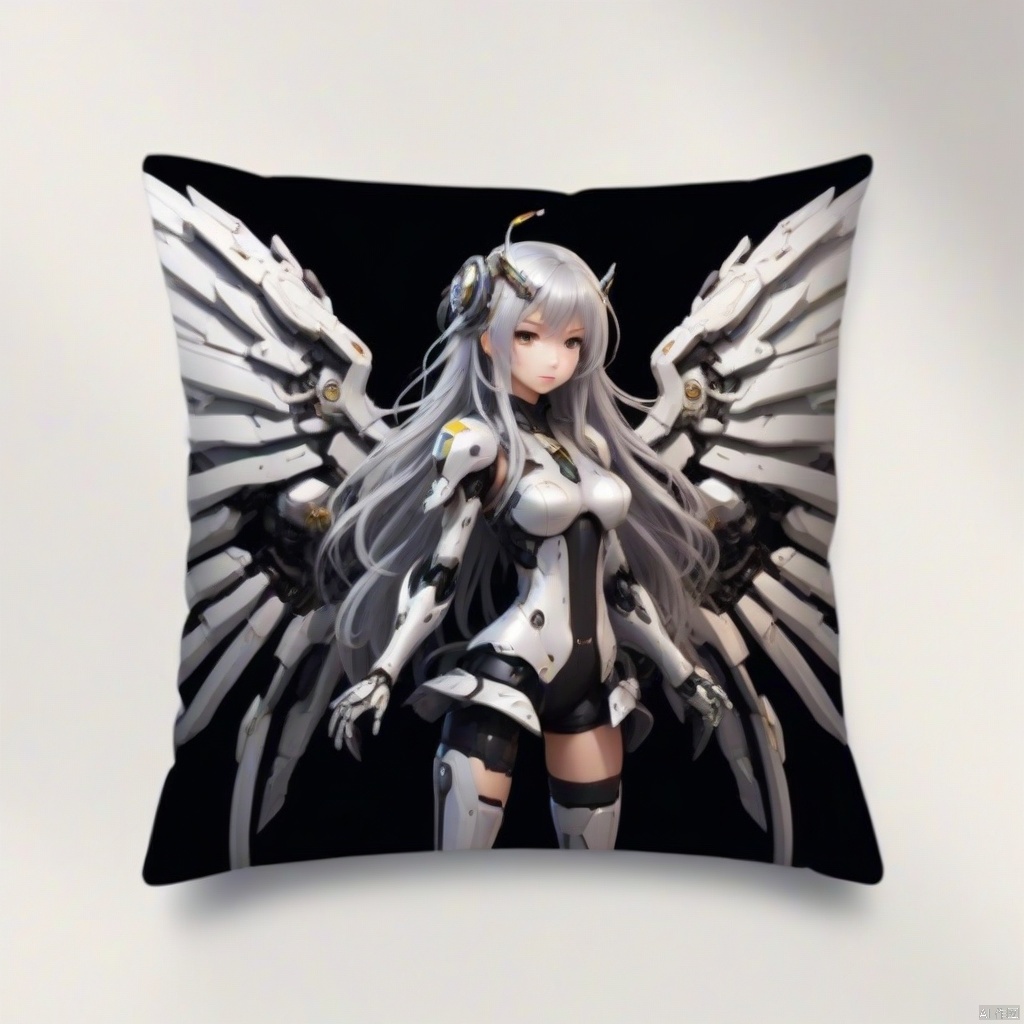 Pillow design, a mecha girl, (silver long hair), full-body pose, mechanical wings, dynamic angle, (best quality, masterpiece, Representative work, official art, Professional, 8k:1.3)