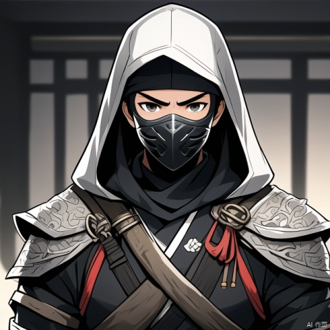 ninja, 1boy, solo, upbody, looking at viewer, gloves, male focus, black gloves, hood, armor, mask, shoulder armor, mouth mask, japanese armor