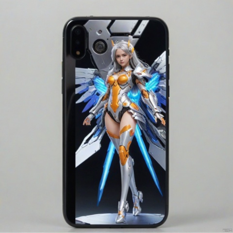  phone design, a mecha girl, (silver long hair), full-body pose, mechanical wings, dynamic angle, (best quality, masterpiece, Representative work, official art, Professional, 8k:1.3)