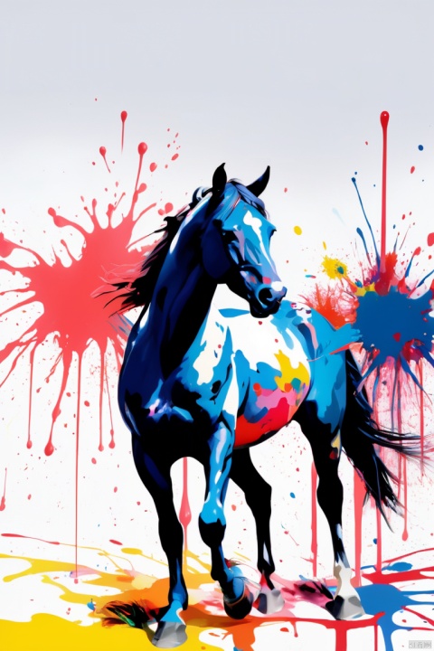 Ink Splatter, horse, by Petra Cortright, panoramic, Ultra high saturation, (best quality, masterpiece, Representative work, official art, Professional, 8k)