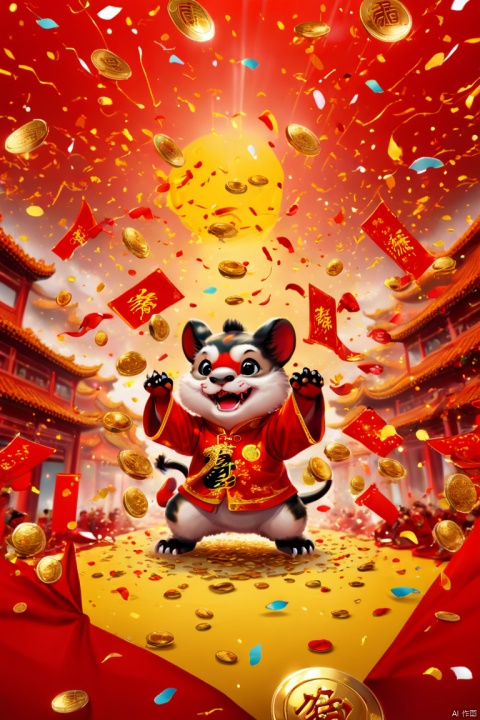 text "China", Chinese New Year 2024, dragon cub, red clothes, welcome, many gold coins in the air, red envelopes confetti, strong festive atmosphere, Chinese elements, poster design, panoramic view, Ultra high saturation, (best quality, masterpiece, Representative work, official art, Professional, 8k)