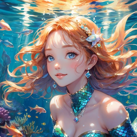 A captivating, photorealistic anime illustration of a legendary mermaid princess gracefully swimming under the ocean. She wears a luxurious turtleneck attire adorned with dazzling jewels and ornaments, including a small crown. Her iridescent scales shimmer in the water, reflecting the sunlight that filters through the ocean's surface. A school of colorful fish swims nearby, creating a mesmerizing effect. The mermaid princess has long, wavy hair and big, gorgeous eyes, accompanied by a kind smile. Her gaze is captured by the fish swimming away, and her body language exudes happiness. The Tyndall effect enhances the underwater atmosphere, making the image ethereal and enchanting, illustration, anime, (masterpiece, best quality, perfect composition, very aesthetic, absurdres, ultra-detailed, intricate details, Professional, official art, Representative work:1.3)