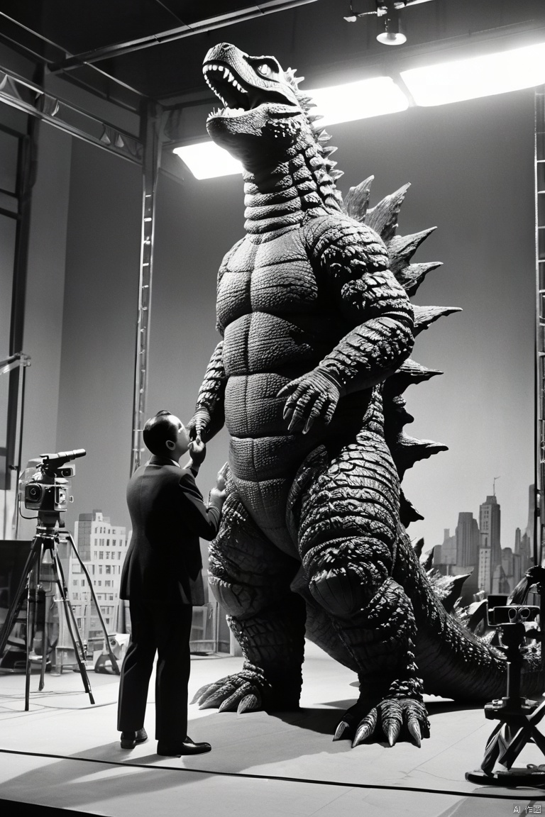 Godzilla, black&white, 1960s stylized, filming scene in the studio, a man dressed in a rubber godzilla outfit, A large model of the city on which a man in a godzilla costume moves, cameras, lighting, filming, realistic photo from the film set, (masterpiece, best quality, perfect composition, very aesthetic, absurdres, ultra-detailed, intricate details, Professional, official art, Representative work:1.3)