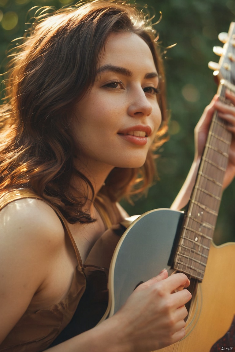 cinematic film still of A detailed and A perfect photo of a beautiful sexy woman playing a vintage guitar in the sun, hand focus, cinematic hand, best hand, better hand, awesome hand, different hand, perfect hand playing guitar, solo, 1girl, male focus, blurry, depth of field, blurry background, close-up, perfection, different color, perfect color, realistic, realism, detailed background, perfect background, different background, bokeh, perfect style, perfection style, detailed style, shallow depth of field, vignette, highly detailed, high budget, bokeh, cinemascope, moody, epic, gorgeous, film grain, grainy, (masterpiece, best quality, perfect composition, very aesthetic, absurdres, ultra-detailed, intricate details, Professional, official art, Representative work:1.3)