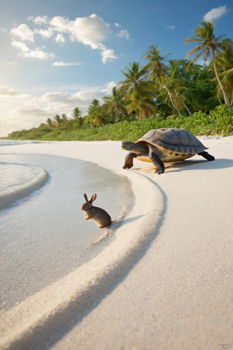 On a peaceful Maldives beach, a turtle and a rabbit are engaged in a thrilling and thrilling race. The soft white sand splashed under their feet, forming a beautiful curve. The seawater is clear and sparkling, as if welcoming this game. The sky is as blue as a wash, with a few leisurely white clouds drifting by, adding a touch of dreamy atmosphere to the entire scene. The summer heat waves hit me, but the gentle breeze blew by, making me feel cool and pleasant. This scene is full of vitality and harmony, making one feel refreshed and happy, (masterpiece, best quality, perfect composition, very aesthetic, absurdres, ultra-detailed, intricate details, Professional, official art, Representative work:1.3)