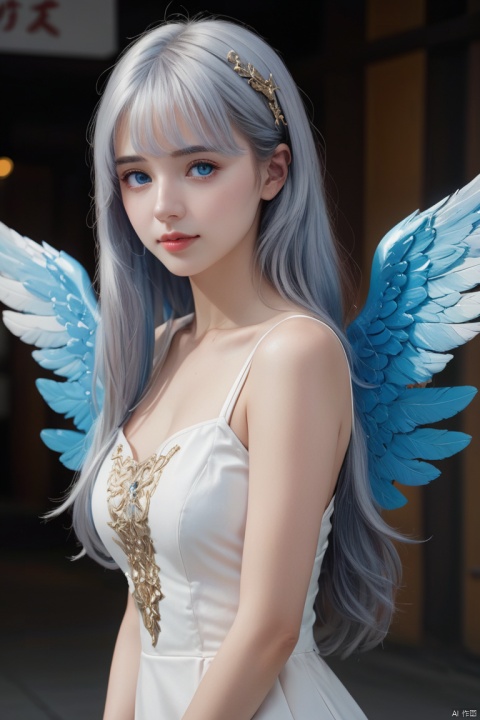 a girl, silvery hair, long hair, bangs, BREAK, blue eyes, hair ornament, angel wings, BREAK, long underpass, crowd background, hering fantasy, enhance, intricate, (best quality, masterpiece, Representative work, official art, Professional, 8k), Face Score