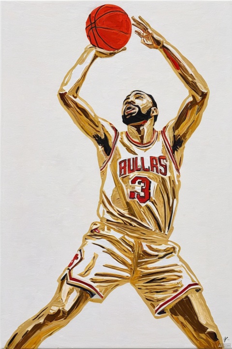 Gold Art, drawing bold strokes shapes of abstract [nba basketball player] throwing the ball, only goldwinered colors, modern art, graphic design, contempory art, white background on canvas, style by Matisse, Cezanne, Picasso ,Albert Benois, degas, zorn, moldiginai, giacometti, van gogh, monet, peter doig, gloss finish, clean, (masterpiece, best quality, perfect composition, very aesthetic, absurdres, ultra-detailed, intricate details, Professional, official art, Representative work:1.3)