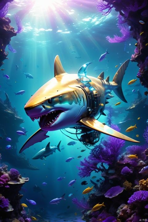 a translucent and ethereal golden mechanical shark,With robotic exoskeleton. it has glowing blue eyes,Eyes resembling cybernetic creatures. Shark surrounded by purple cosmic energy field,Exudes a charming light. The entire scene is a virtual holographic digital representation of the shark, Existing in the deep sea landscape of the future. The underwater environment is filled with vibrant coral reefs, fish flocks, and a variety of marine life. The artwork is a complex illustration,Has a surreal and dreamlike quality, Showing the imagination of the future and the beauty of the underwater world, (best quality, masterpiece, Representative work, official art, Professional, 8k:1.3)