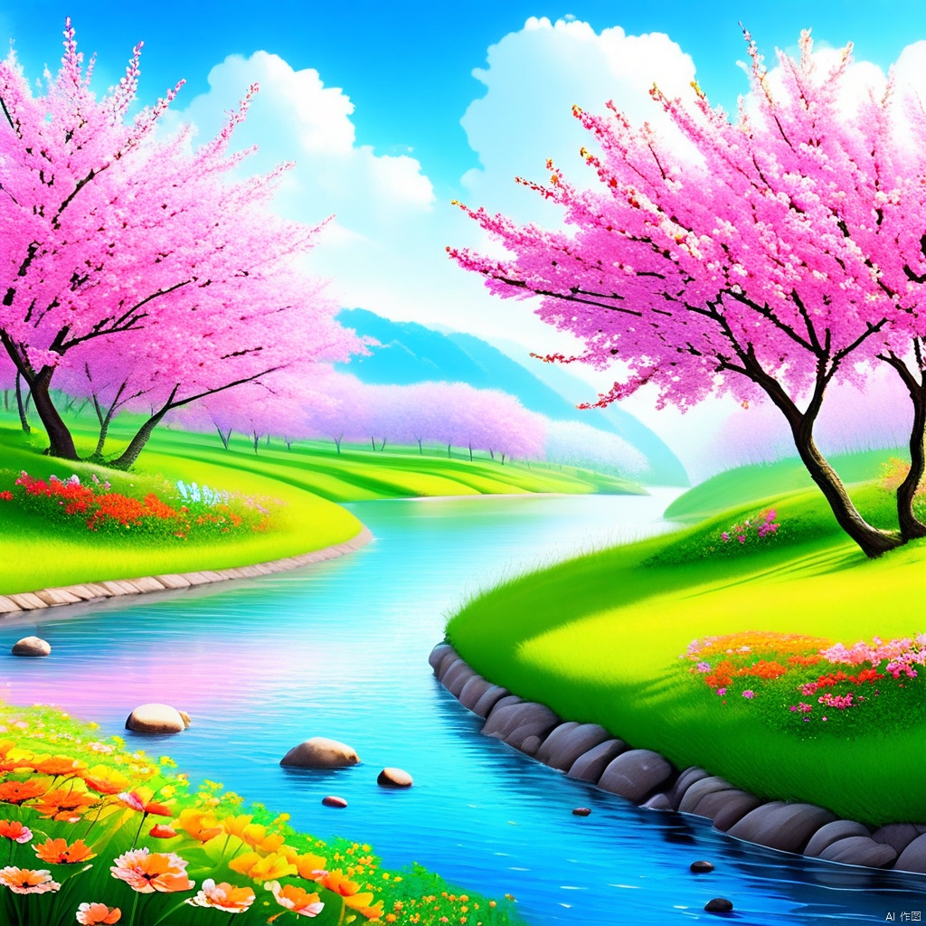 河畔春光明媚,百花齐放的绚丽景色,尽显春日生机勃勃之态。温暖的春风悄无声息地唤醒了大地,花朵竞相绽放,共同编织了一个绚烂多彩的春天画卷。整个世界都沉浸在一派生机勃勃、花团锦簇的春意之中