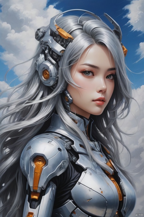 wall painting of mecha girl on the sky painted on lobby wall, (silver long hair), intricate, (best quality, masterpiece, Representative work, official art, Professional, 8k)
