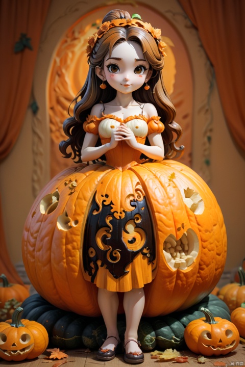 (A cute girl sculpture carved from a large pumpkin: 1.1), (full body), beautiful long haired girl, retro long skirt, 16k, orange, relief, and sturdy background: fruit carving, food carving, 3D carving, pumpkin color, octane render, enhance, intricate, HDR, UHD, Relief style, (best quality, masterpiece, Representative work, official art, Professional, 8k wallpaper:1.3)
